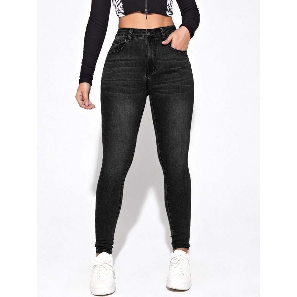 NEW SHEIN Unity High Waist Bleach Wash Skinny Jeans Size L Color Black